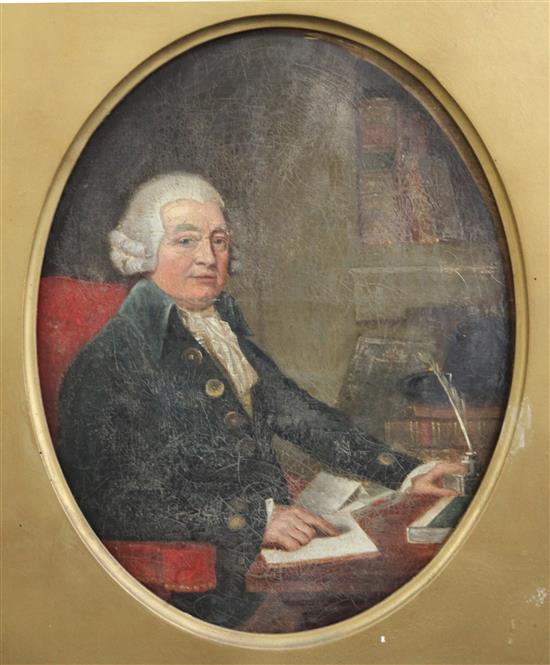 Early 19th century English School Portrait of a gentleman seated at a writing table, framed to the oval, 18 x 14in.